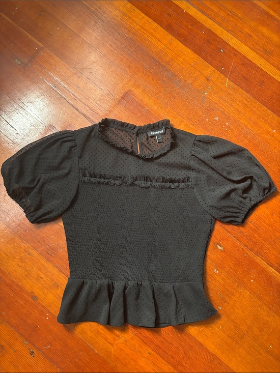 Express Tops - Express Black Puff Sleeve Smocked Peplum Top